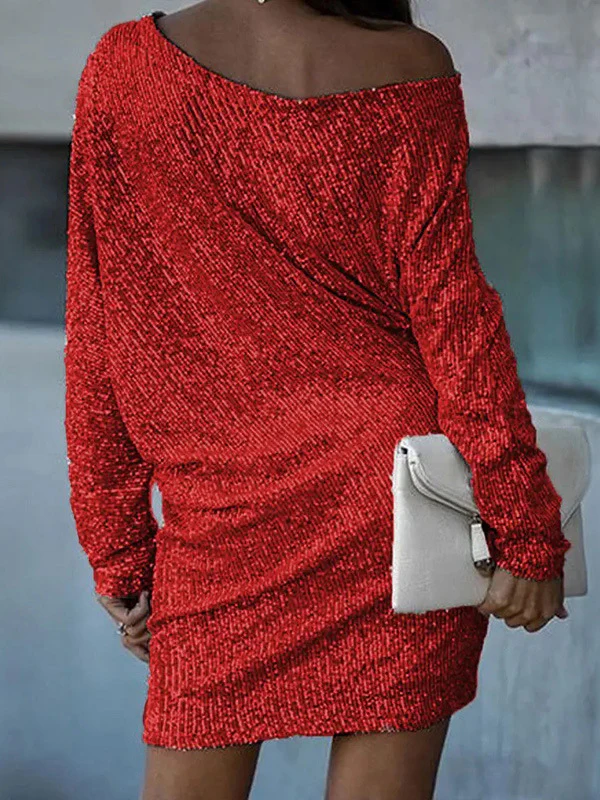 A-Line Loose Asymmetric Sequined Solid Color One-Shoulder Mini Dresses - Image 8
