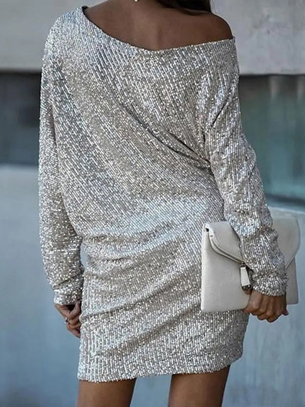 A-Line Loose Asymmetric Sequined Solid Color One-Shoulder Mini Dresses - Image 9
