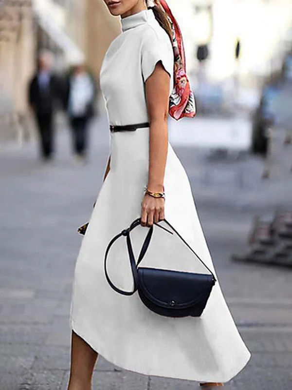 A-Line Loose Asymmetric Solid Color Mock Neck Midi Dresses - Image 2