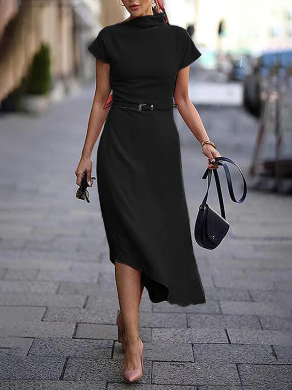 A-Line Loose Asymmetric Solid Color Mock Neck Midi Dresses - Image 4