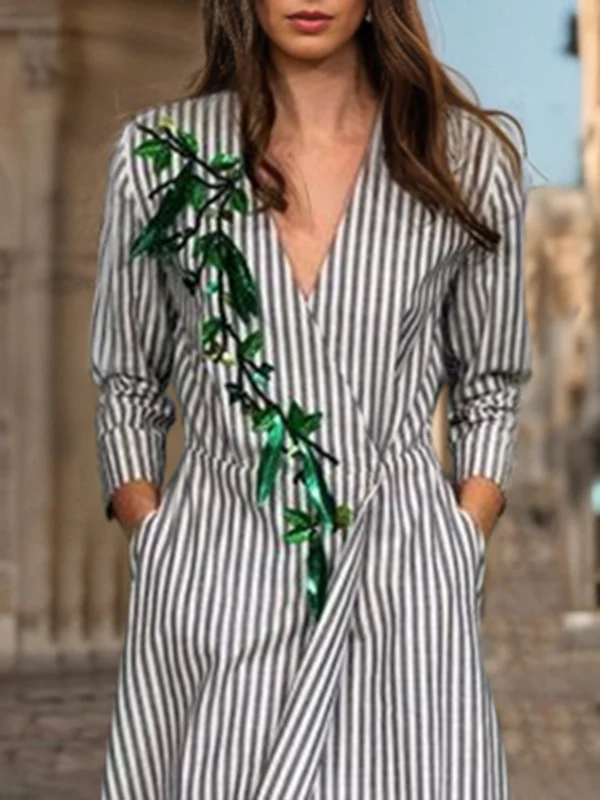 A-Line Loose Asymmetric Split-Joint Striped V-Neck Maxi Dresses Shirt Dress - Image 2