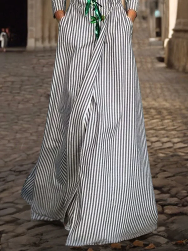A-Line Loose Asymmetric Split-Joint Striped V-Neck Maxi Dresses Shirt Dress - Image 3