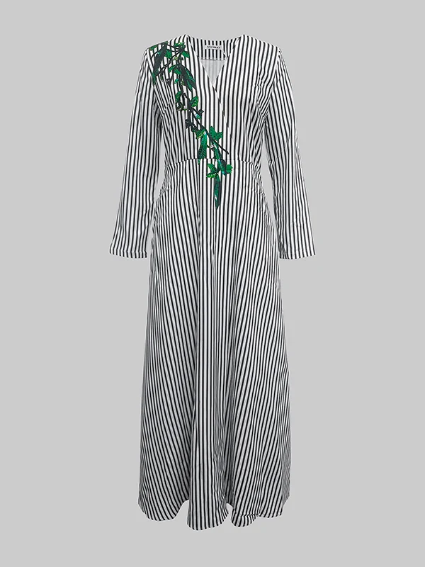 A-Line Loose Asymmetric Split-Joint Striped V-Neck Maxi Dresses Shirt Dress - Image 4