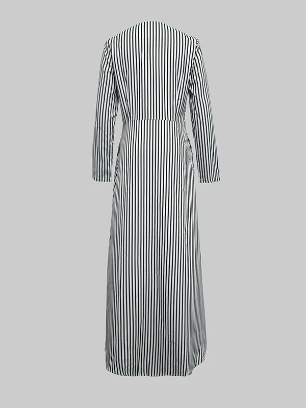 A-Line Loose Asymmetric Split-Joint Striped V-Neck Maxi Dresses Shirt Dress - Image 5