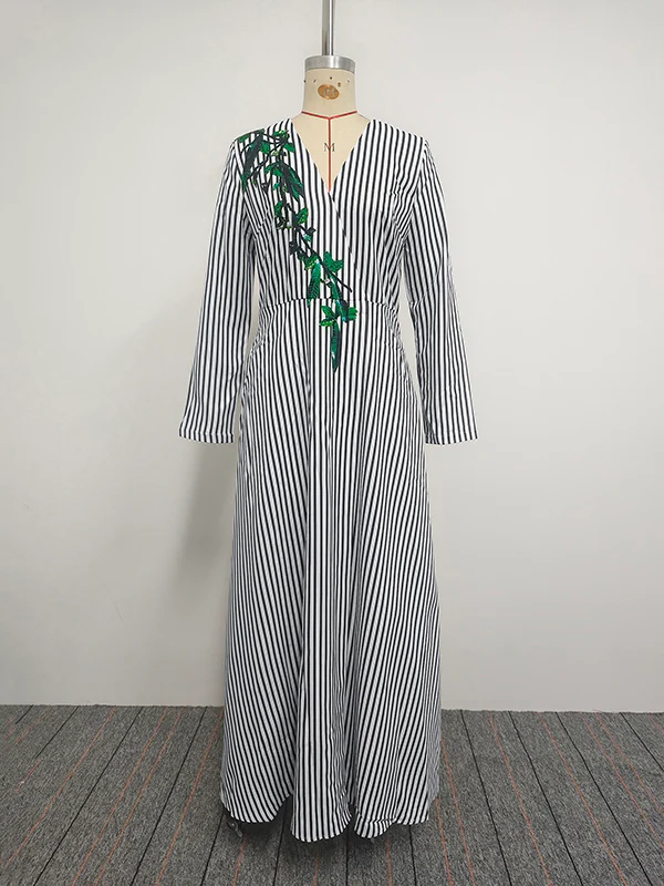 A-Line Loose Asymmetric Split-Joint Striped V-Neck Maxi Dresses Shirt Dress - Image 6