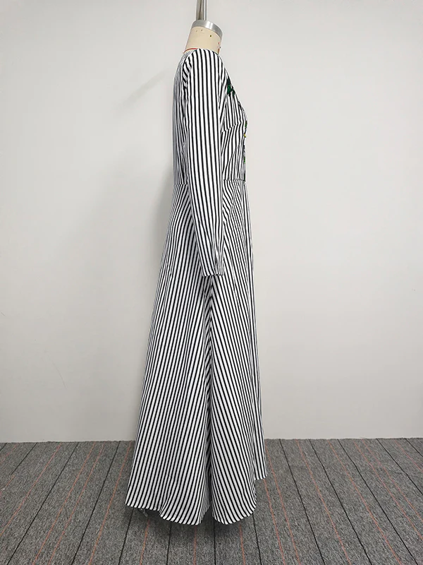 A-Line Loose Asymmetric Split-Joint Striped V-Neck Maxi Dresses Shirt Dress - Image 7