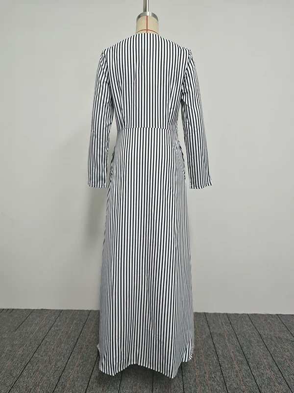 A-Line Loose Asymmetric Split-Joint Striped V-Neck Maxi Dresses Shirt Dress - Image 8