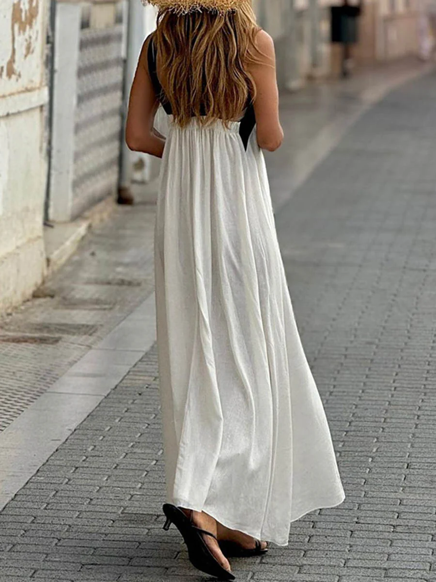 A-Line Loose Backless Contrast Color Halter-Neck Midi Dresses - Image 4
