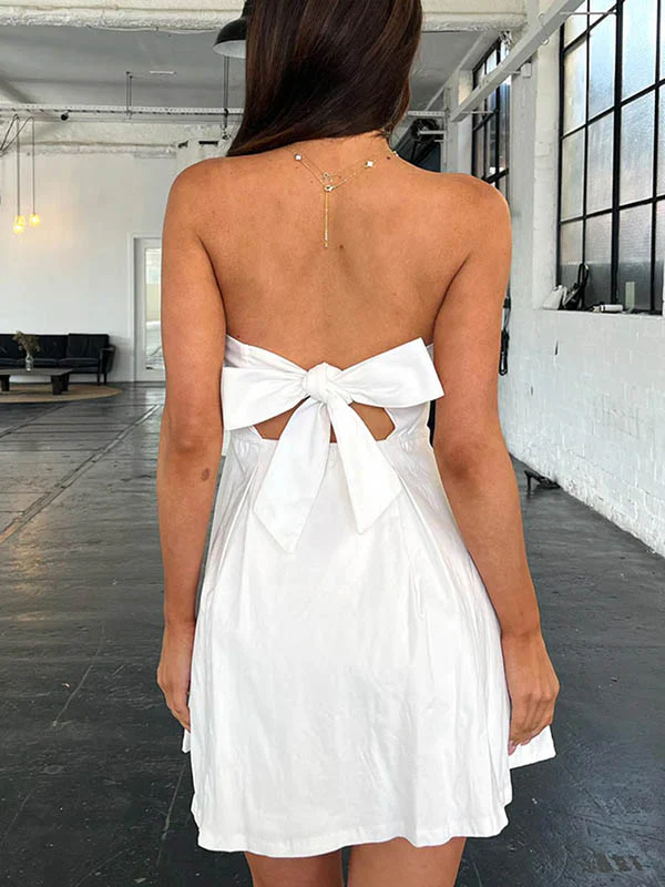 A-Line Loose Backless Pleated Solid Color Split-Joint Tied Tube Mini Dresses - Image 13