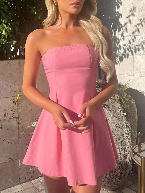 A-Line Loose Backless Pleated Solid Color Split-Joint Tied Tube Mini Dresses - Image 16