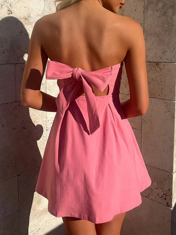 A-Line Loose Backless Pleated Solid Color Split-Joint Tied Tube Mini Dresses - Image 2