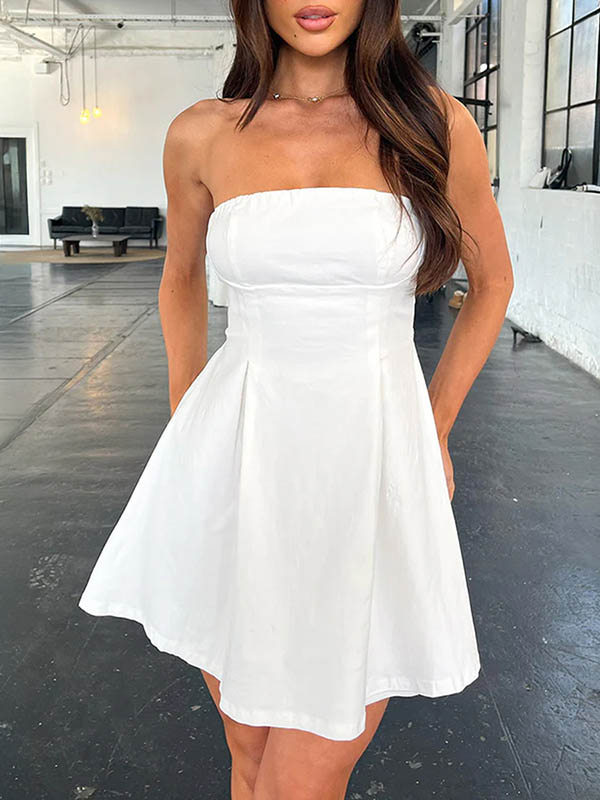 A-Line Loose Backless Pleated Solid Color Split-Joint Tied Tube Mini Dresses - Image 4