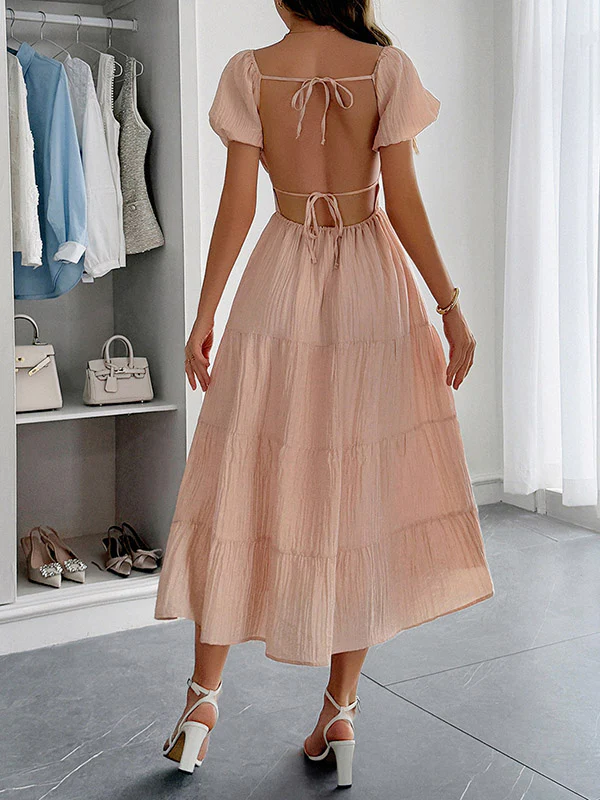A-Line Loose Backless Pleated Solid Color Tied V-Neck Midi Dresses - Image 10