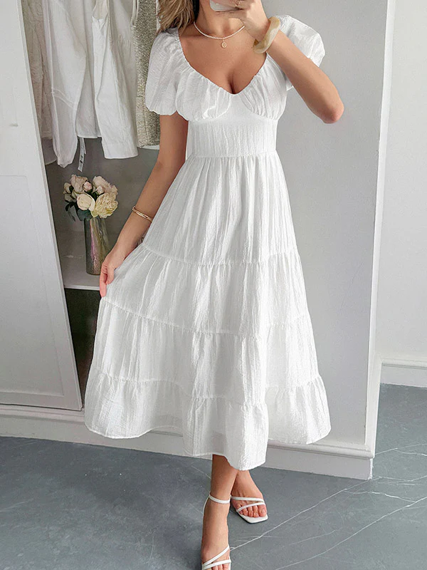 A-Line Loose Backless Pleated Solid Color Tied V-Neck Midi Dresses - Image 11