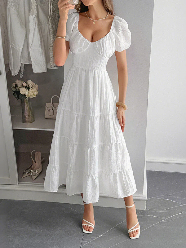 A-Line Loose Backless Pleated Solid Color Tied V-Neck Midi Dresses - Image 12