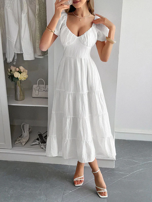 A-Line Loose Backless Pleated Solid Color Tied V-Neck Midi Dresses - Image 13