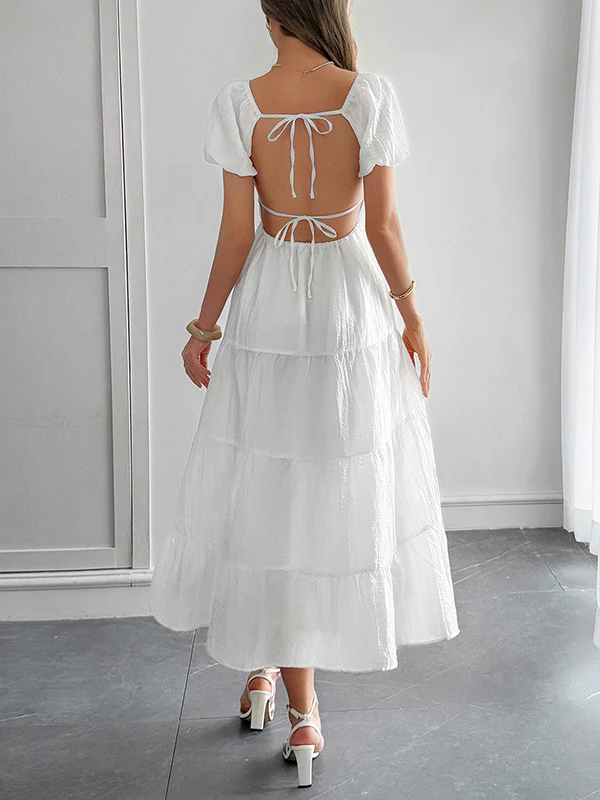 A-Line Loose Backless Pleated Solid Color Tied V-Neck Midi Dresses - Image 14