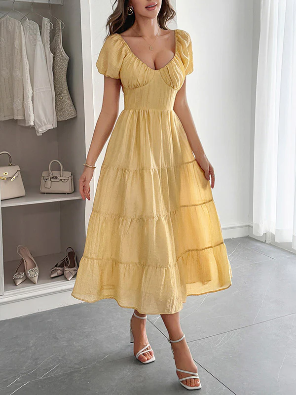 A-Line Loose Backless Pleated Solid Color Tied V-Neck Midi Dresses - Image 15