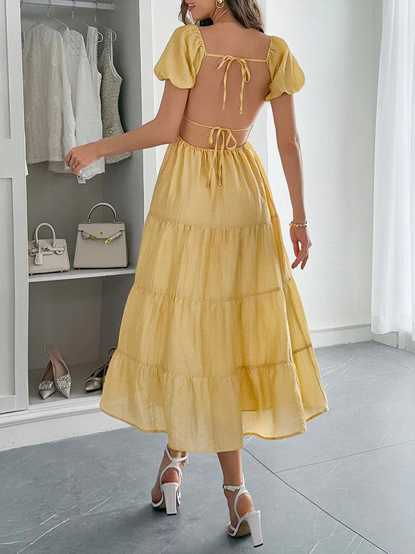 A-Line Loose Backless Pleated Solid Color Tied V-Neck Midi Dresses - Image 2