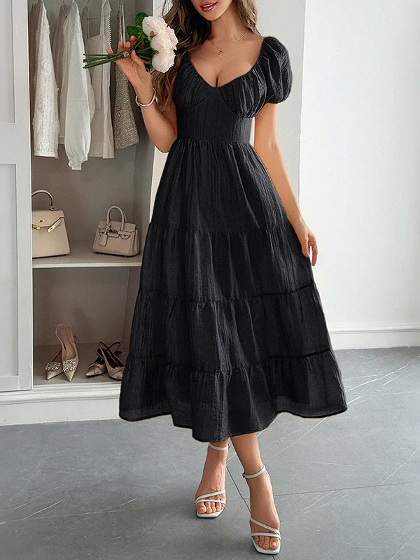 A-Line Loose Backless Pleated Solid Color Tied V-Neck Midi Dresses - Image 3