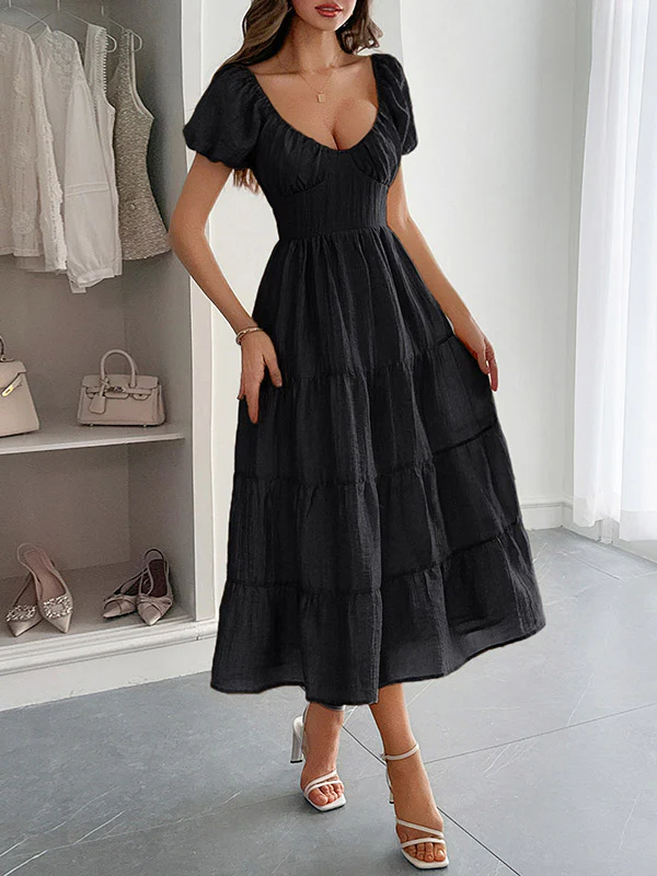 A-Line Loose Backless Pleated Solid Color Tied V-Neck Midi Dresses - Image 4