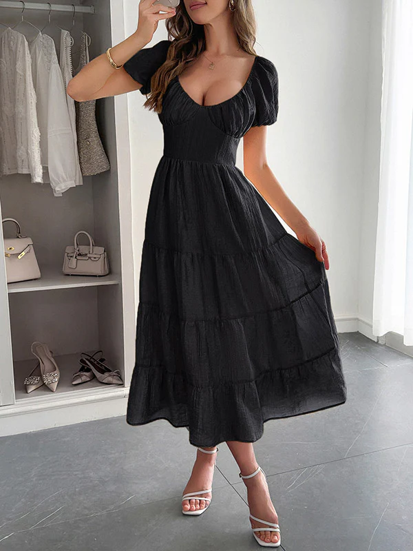 A-Line Loose Backless Pleated Solid Color Tied V-Neck Midi Dresses - Image 5