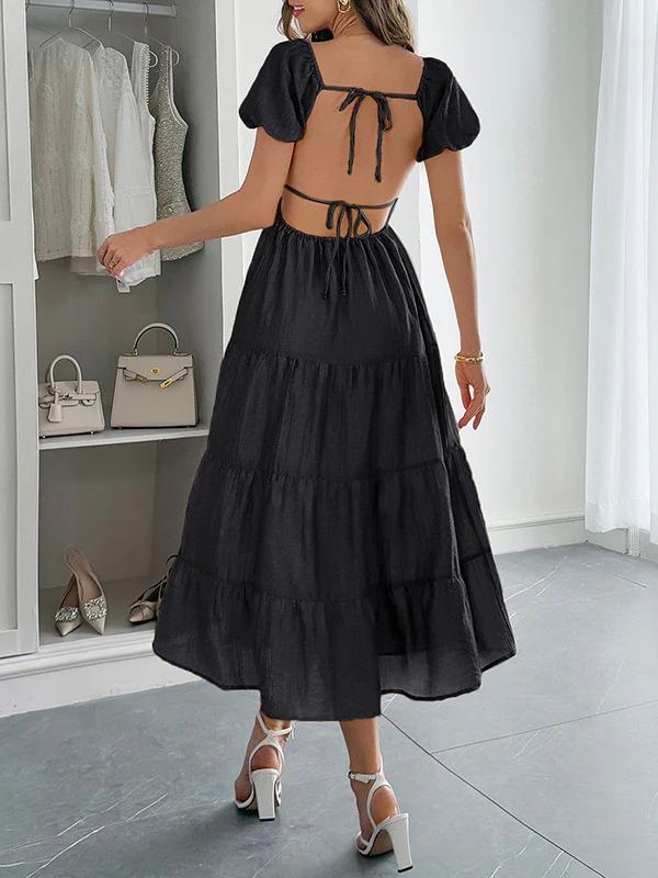 A-Line Loose Backless Pleated Solid Color Tied V-Neck Midi Dresses - Image 6