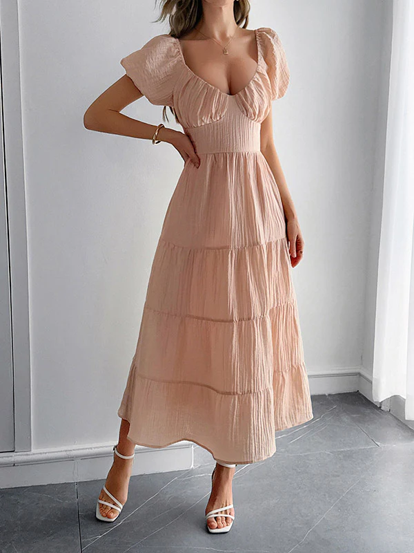 A-Line Loose Backless Pleated Solid Color Tied V-Neck Midi Dresses - Image 8