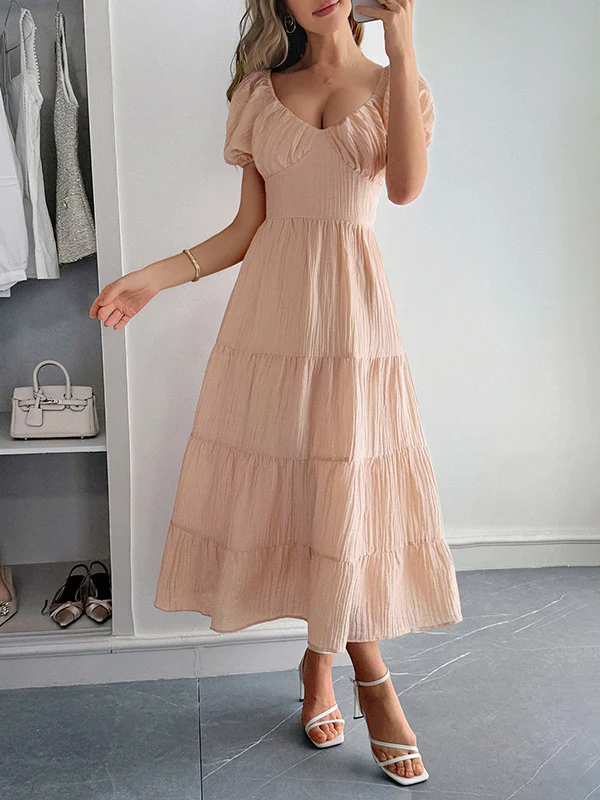 A-Line Loose Backless Pleated Solid Color Tied V-Neck Midi Dresses - Image 9