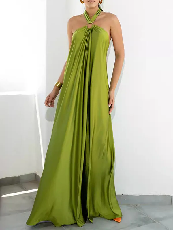 A-Line Loose Backless Solid Color Tied Halter-Neck Maxi Dresses - Image 2