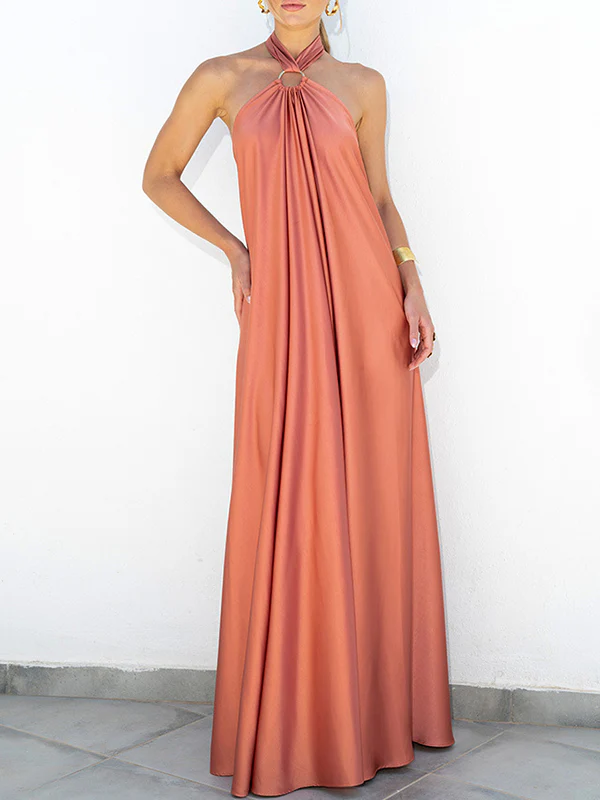 A-Line Loose Backless Solid Color Tied Halter-Neck Maxi Dresses - Image 3