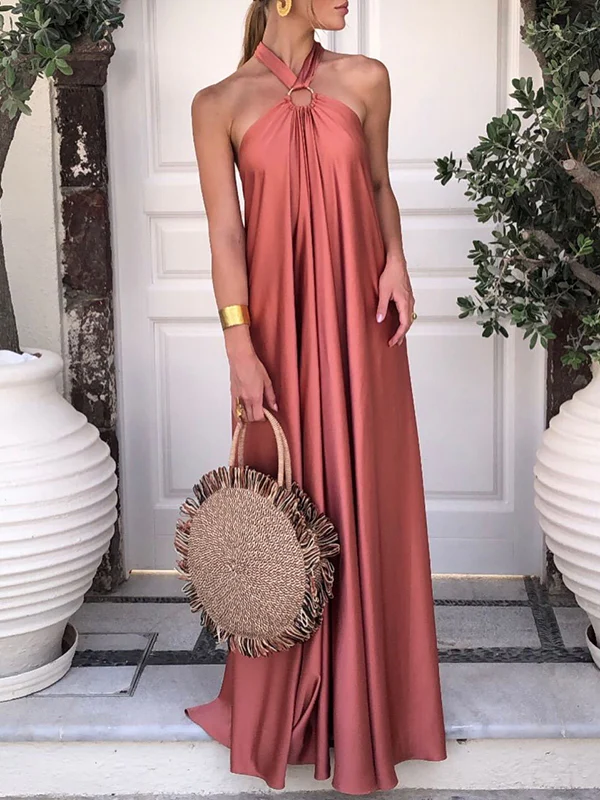 A-Line Loose Backless Solid Color Tied Halter-Neck Maxi Dresses - Image 5