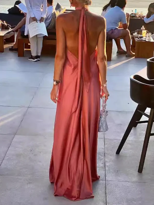 A-Line Loose Backless Solid Color Tied Halter-Neck Maxi Dresses - Image 6