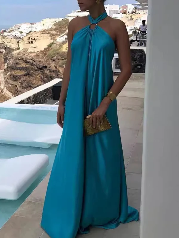 A-Line Loose Backless Solid Color Tied Halter-Neck Maxi Dresses - Image 8