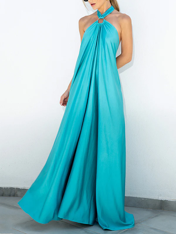A-Line Loose Backless Solid Color Tied Halter-Neck Maxi Dresses - Image 9
