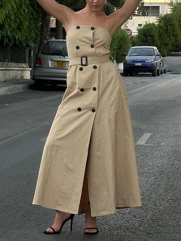 A-Line Loose Belted Buttoned Pockets Tube Maxi Dresses - Image 2