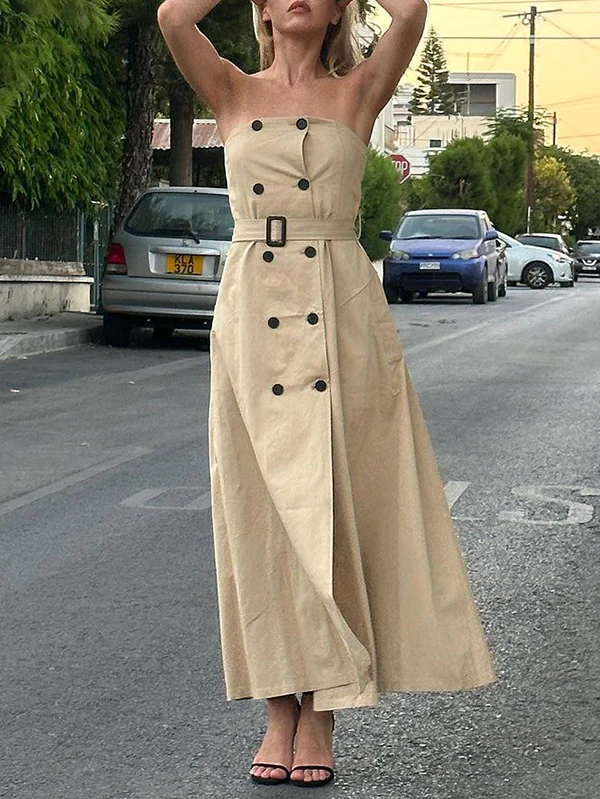 A-Line Loose Belted Buttoned Pockets Tube Maxi Dresses - Image 3