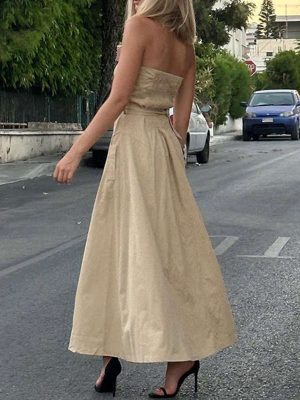 A-Line Loose Belted Buttoned Pockets Tube Maxi Dresses - Image 4