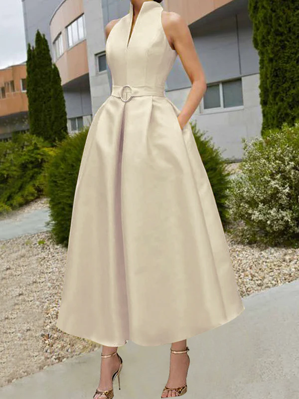 A-Line Loose Belted Pleated Pockets Solid Color V-Neck Midi Dresses - Image 2