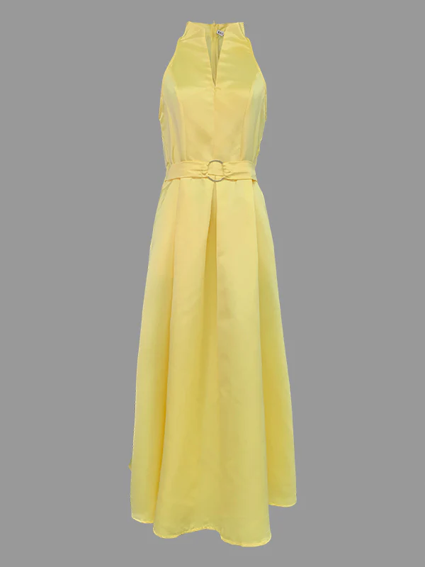 A-Line Loose Belted Pleated Pockets Solid Color V-Neck Midi Dresses - Image 3