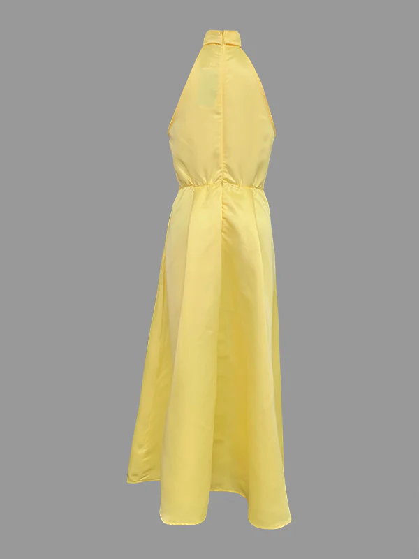 A-Line Loose Belted Pleated Pockets Solid Color V-Neck Midi Dresses - Image 4