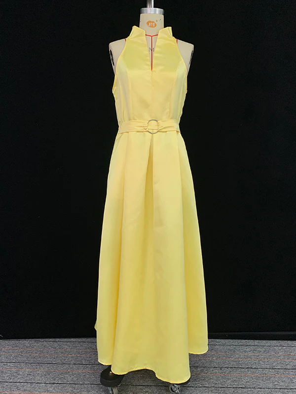 A-Line Loose Belted Pleated Pockets Solid Color V-Neck Midi Dresses - Image 5