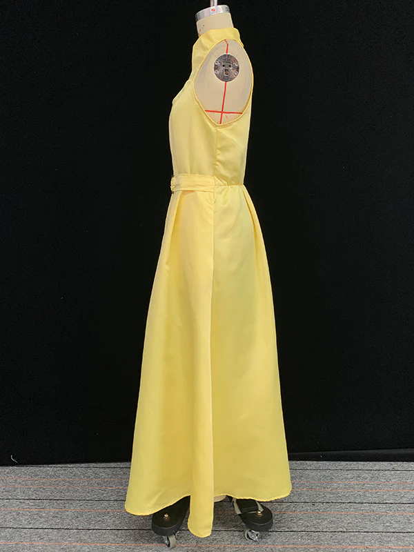 A-Line Loose Belted Pleated Pockets Solid Color V-Neck Midi Dresses - Image 7