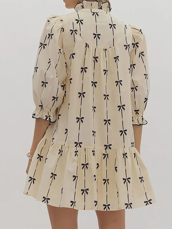 A-Line Loose Bowknot Contrast Color Printed Split-Joint Stand Collar Midi Dresses - Image 2