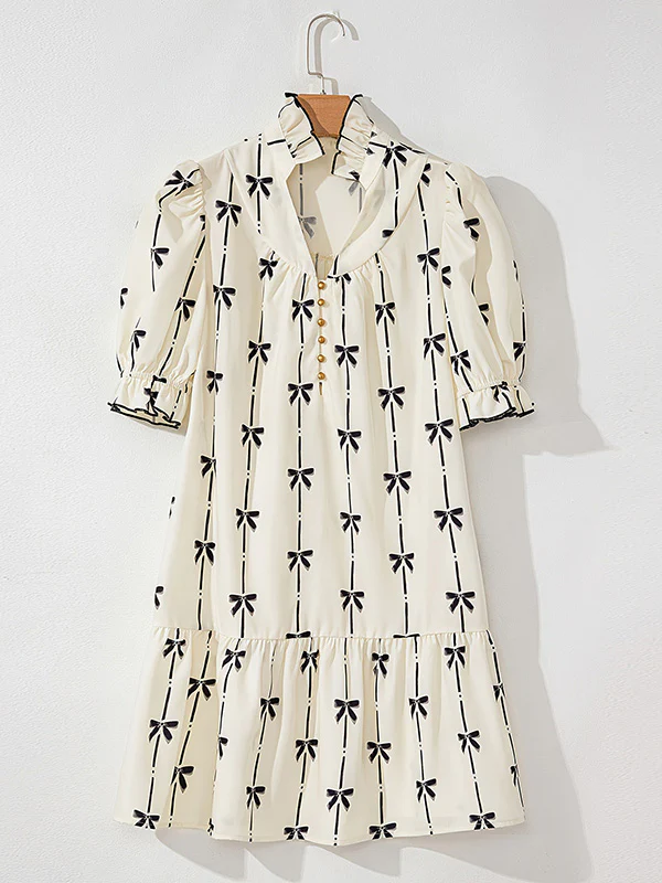 A-Line Loose Bowknot Contrast Color Printed Split-Joint Stand Collar Midi Dresses - Image 3