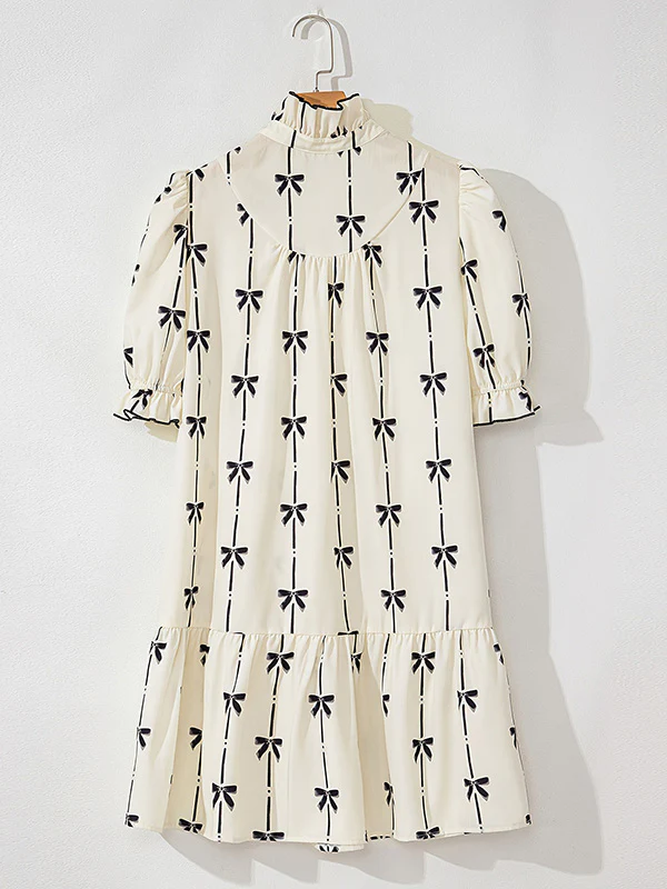 A-Line Loose Bowknot Contrast Color Printed Split-Joint Stand Collar Midi Dresses - Image 4