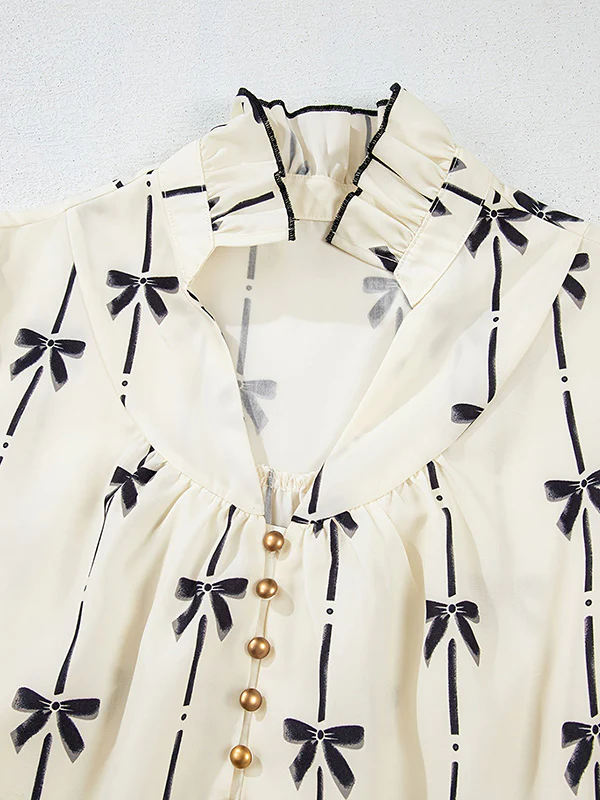 A-Line Loose Bowknot Contrast Color Printed Split-Joint Stand Collar Midi Dresses - Image 5