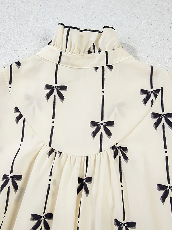 A-Line Loose Bowknot Contrast Color Printed Split-Joint Stand Collar Midi Dresses - Image 6