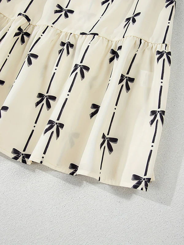 A-Line Loose Bowknot Contrast Color Printed Split-Joint Stand Collar Midi Dresses - Image 7