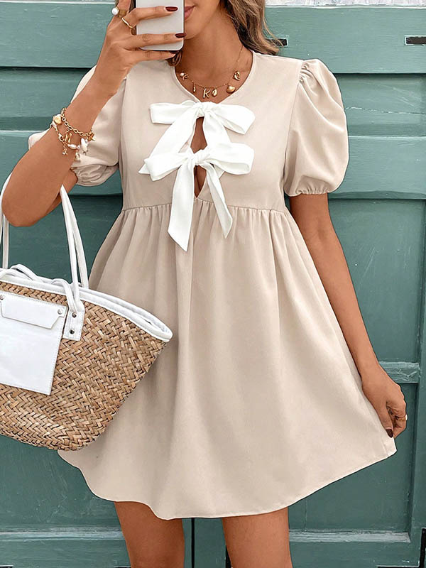 A-Line Loose Bowknot Elasticity Pleated Round-Neck Mini Dresses - Image 2